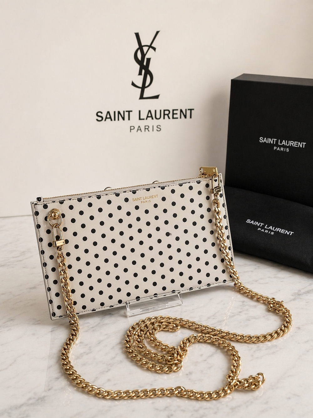 Saint Laurent White Leather Polka Dot Crossbody Pouch On Long Heavy Gold Chain